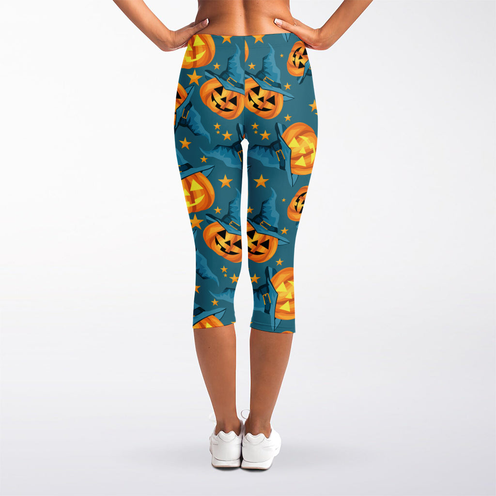 Pumpkin With Witch Hat Pattern Print Women's Capri Leggings