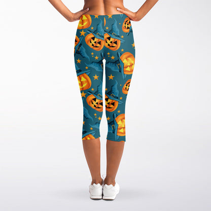 Pumpkin With Witch Hat Pattern Print Women's Capri Leggings
