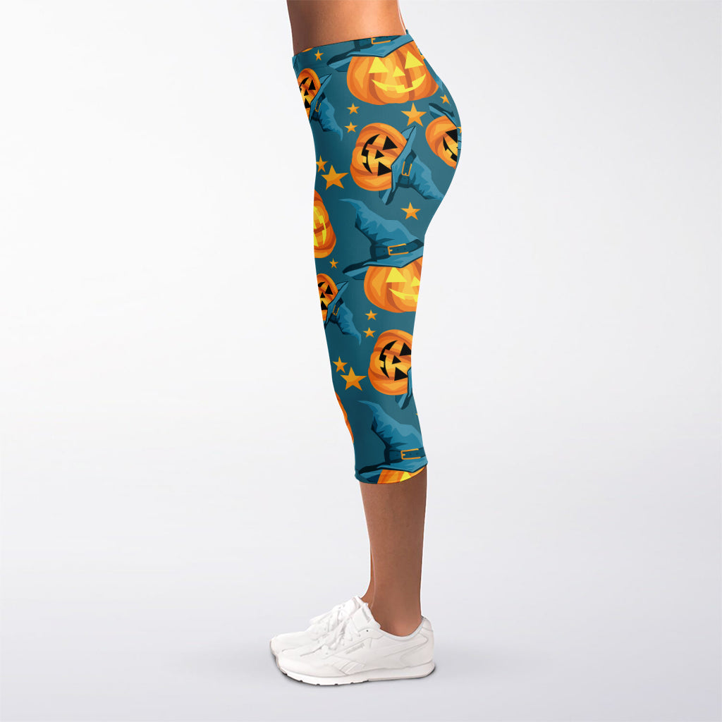 Pumpkin With Witch Hat Pattern Print Women's Capri Leggings