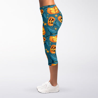 Pumpkin With Witch Hat Pattern Print Women's Capri Leggings