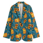 Pumpkin With Witch Hat Pattern Print Women's Cotton Blazer