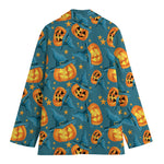 Pumpkin With Witch Hat Pattern Print Women's Cotton Blazer
