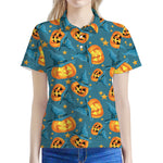 Pumpkin With Witch Hat Pattern Print Women's Polo Shirt