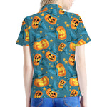 Pumpkin With Witch Hat Pattern Print Women's Polo Shirt