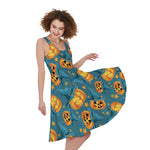 Pumpkin With Witch Hat Pattern Print Women's Sleeveless Dress