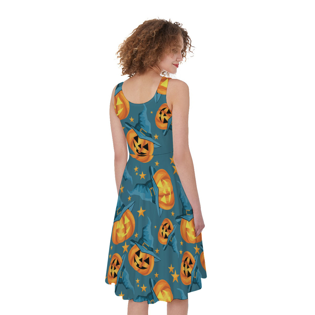 Pumpkin With Witch Hat Pattern Print Women's Sleeveless Dress