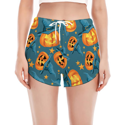 Pumpkin With Witch Hat Pattern Print Women's Split Running Shorts