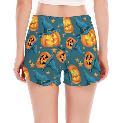 Pumpkin With Witch Hat Pattern Print Women's Split Running Shorts