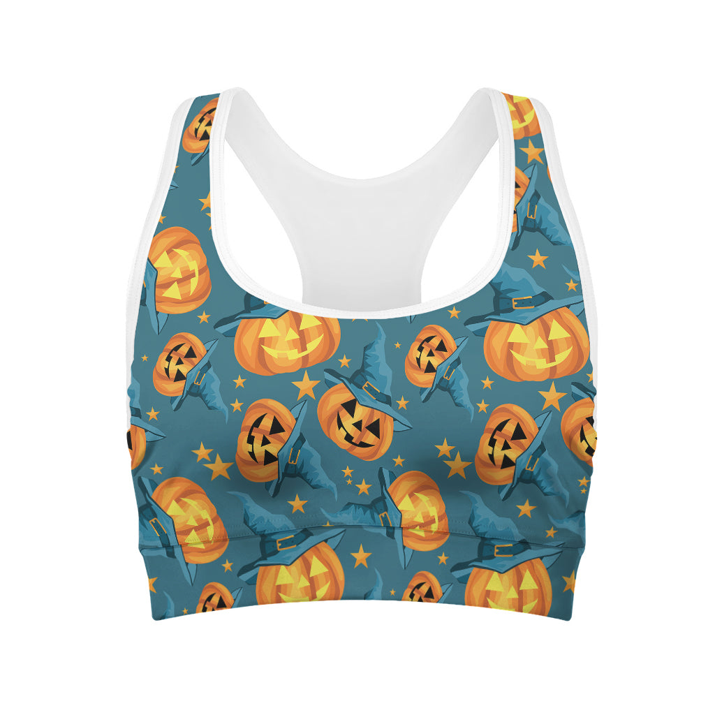 Pumpkin With Witch Hat Pattern Print Women's Sports Bra