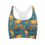 Pumpkin With Witch Hat Pattern Print Women's Sports Bra