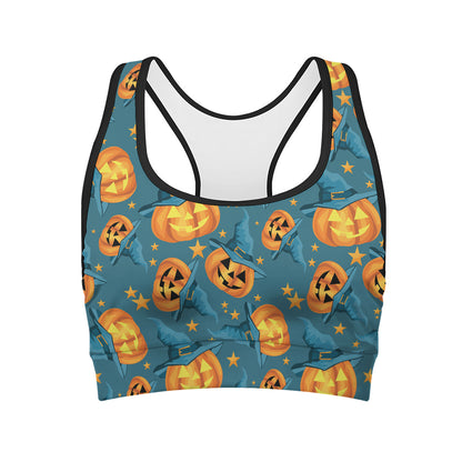 Pumpkin With Witch Hat Pattern Print Women's Sports Bra