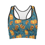 Pumpkin With Witch Hat Pattern Print Women's Sports Bra