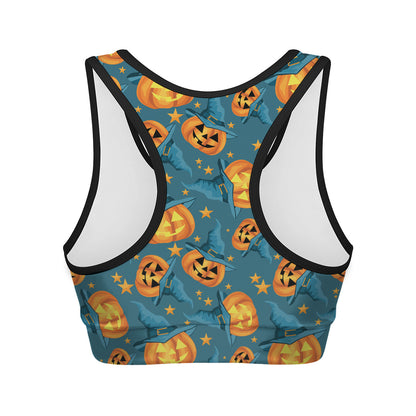 Pumpkin With Witch Hat Pattern Print Women's Sports Bra