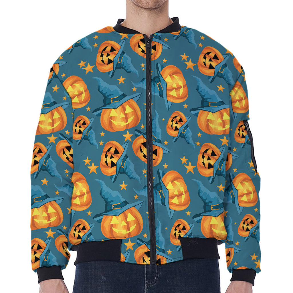 Pumpkin With Witch Hat Pattern Print Zip Sleeve Bomber Jacket