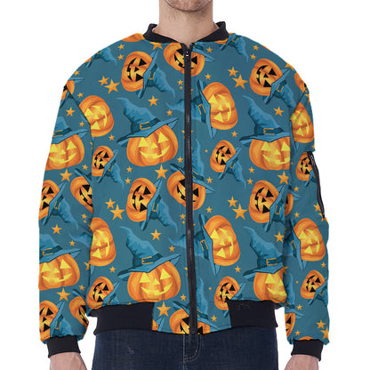 Pumpkin With Witch Hat Pattern Print Zip Sleeve Bomber Jacket