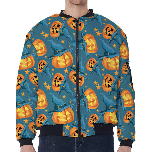 Pumpkin With Witch Hat Pattern Print Zip Sleeve Bomber Jacket