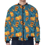 Pumpkin With Witch Hat Pattern Print Zip Sleeve Bomber Jacket