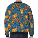 Pumpkin With Witch Hat Pattern Print Zip Sleeve Bomber Jacket