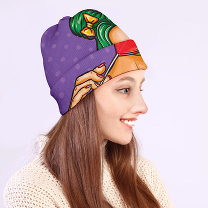 Punk Girl And Lollipop Print Beanie