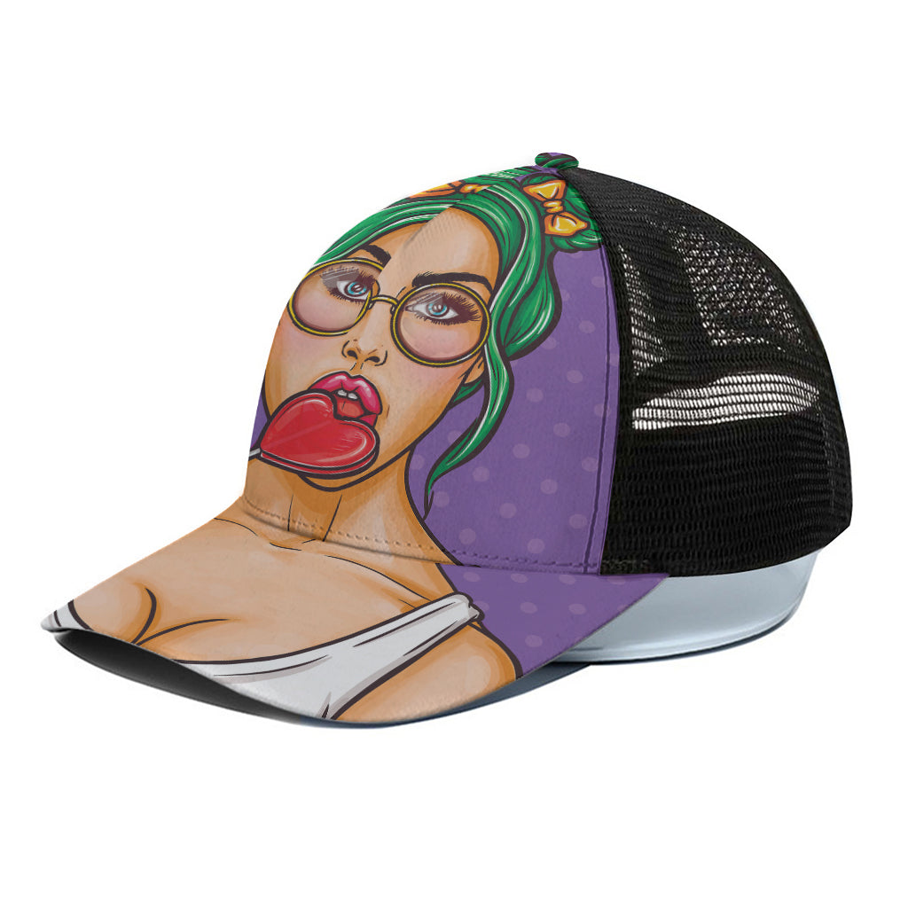 Punk Girl And Lollipop Print Black Mesh Trucker Cap