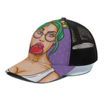 Punk Girl And Lollipop Print Black Mesh Trucker Cap