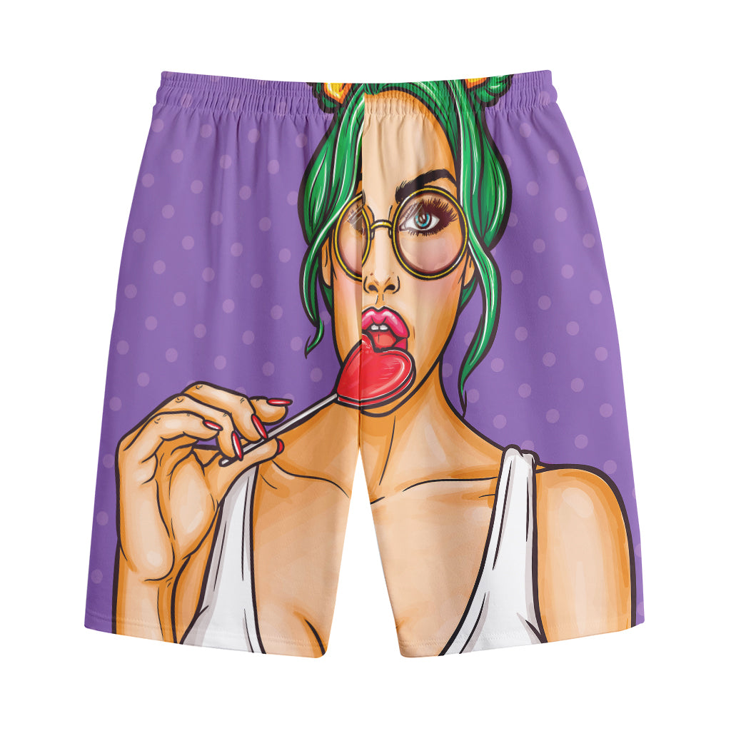 Punk Girl And Lollipop Print Cotton Shorts