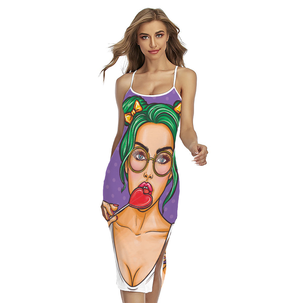 Punk Girl And Lollipop Print Cross Back Cami Dress
