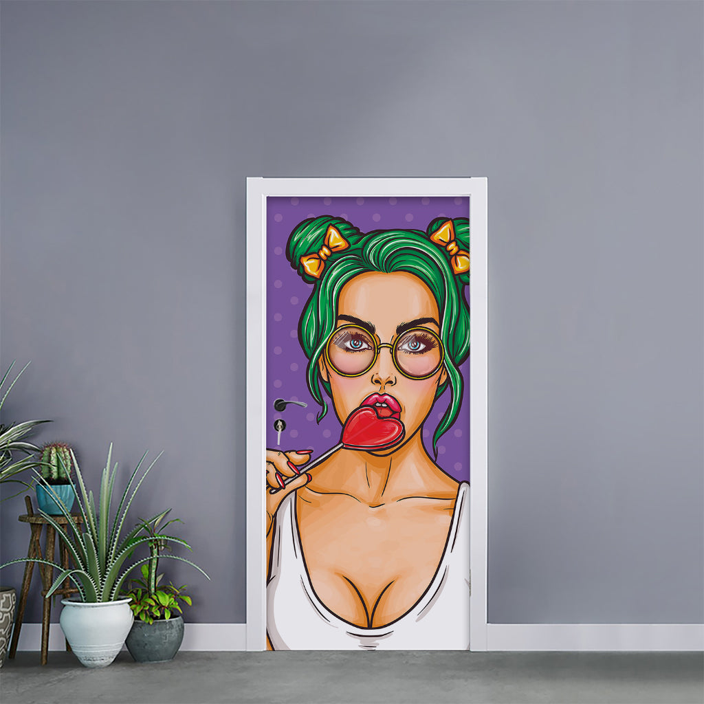 Punk Girl And Lollipop Print Door Sticker