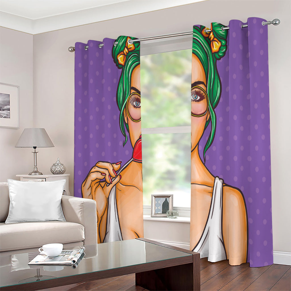 Punk Girl And Lollipop Print Extra Wide Grommet Curtains