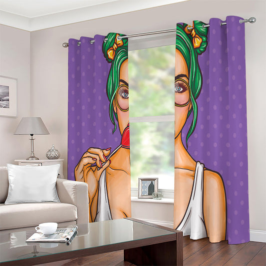 Punk Girl And Lollipop Print Extra Wide Grommet Curtains