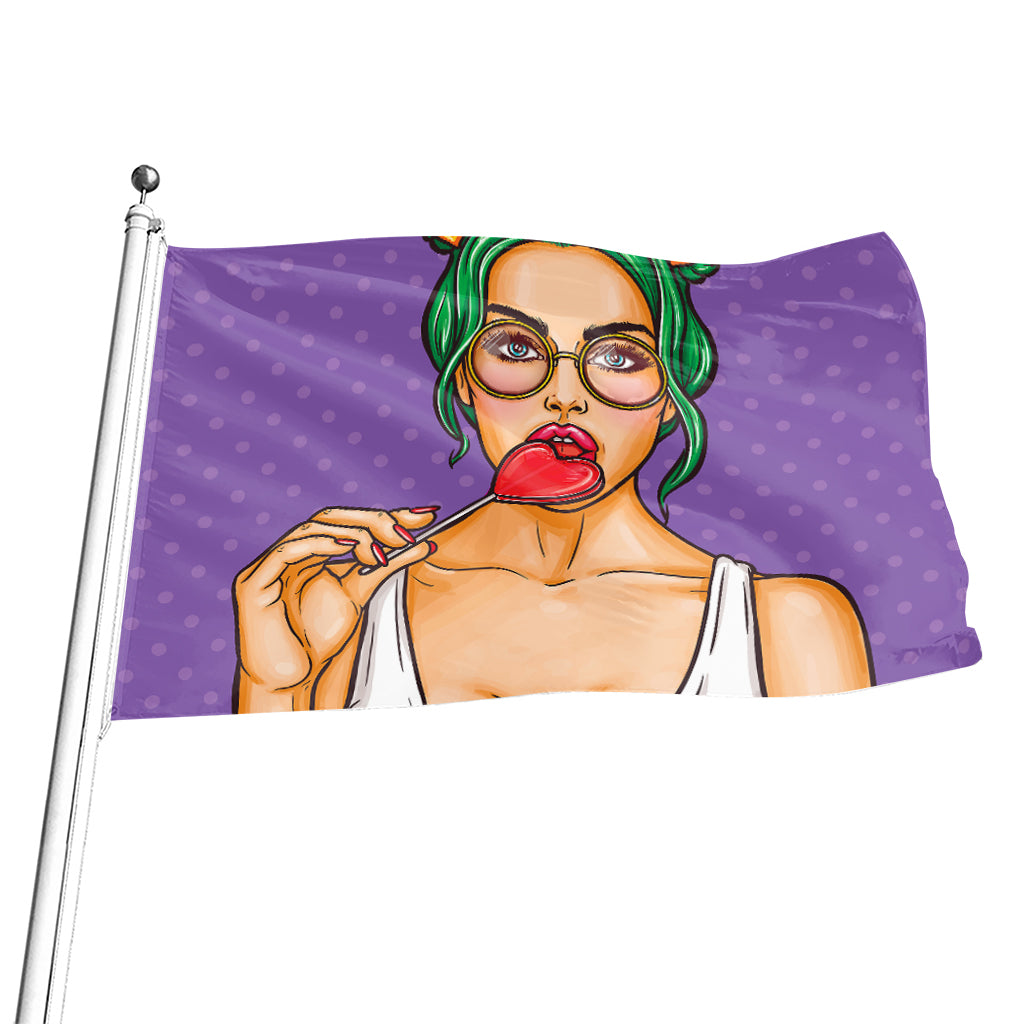 Punk Girl And Lollipop Print Flag