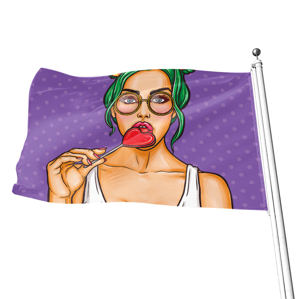 Punk Girl And Lollipop Print Flag