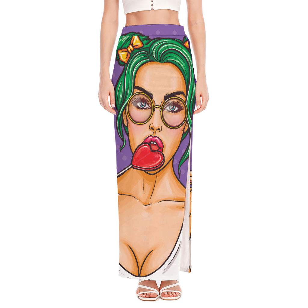 Punk Girl And Lollipop Print High Slit Maxi Skirt