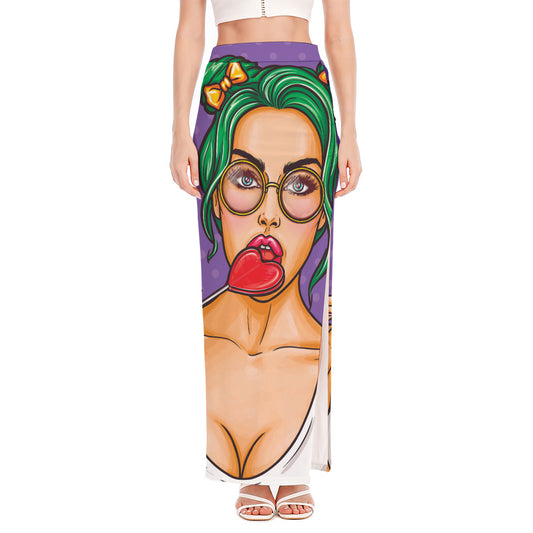 Punk Girl And Lollipop Print High Slit Maxi Skirt