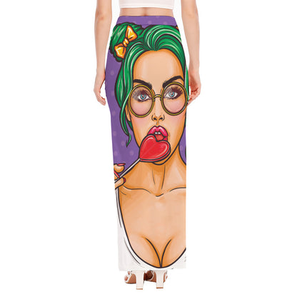 Punk Girl And Lollipop Print High Slit Maxi Skirt
