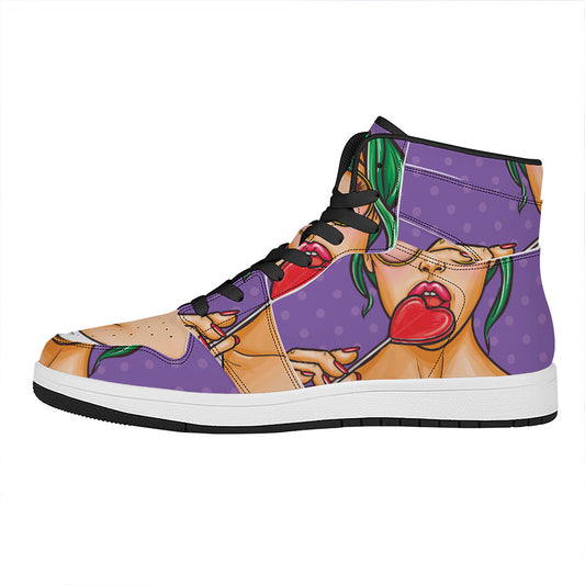 Punk Girl And Lollipop Print High Top Leather Sneakers