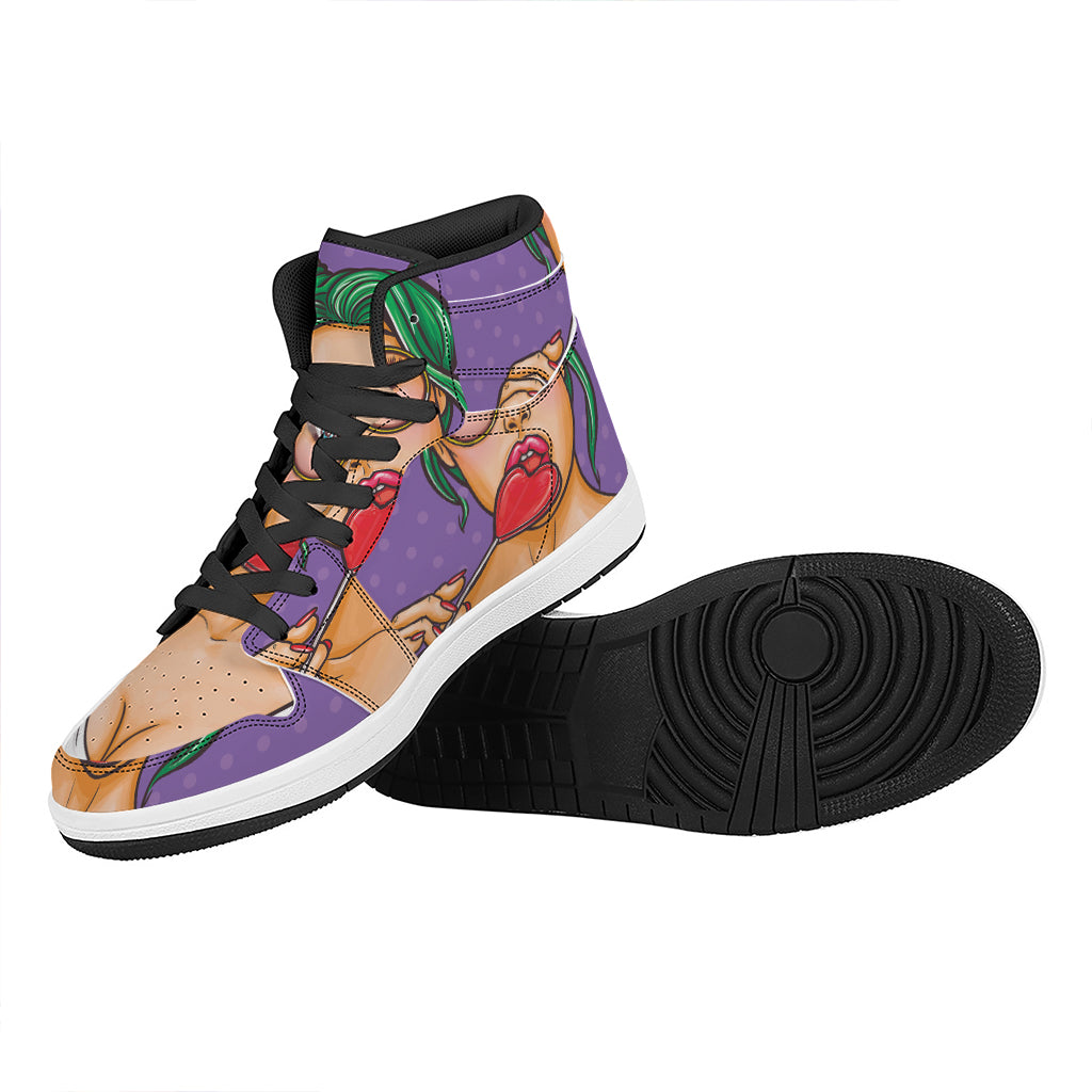 Punk Girl And Lollipop Print High Top Leather Sneakers