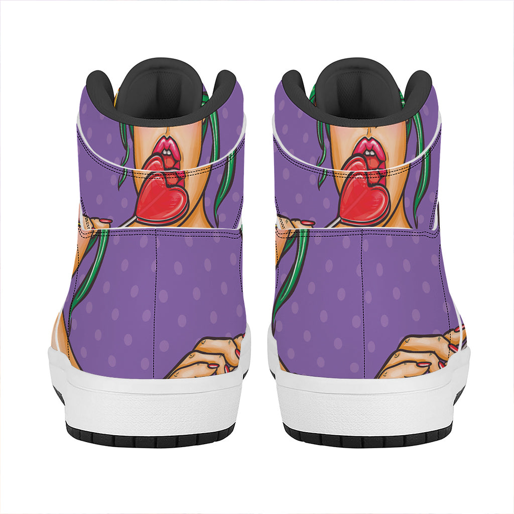 Punk Girl And Lollipop Print High Top Leather Sneakers