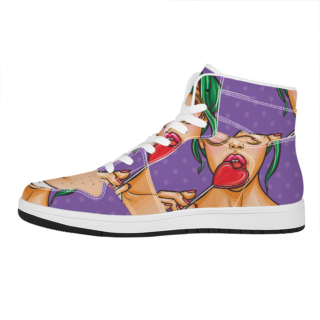 Punk Girl And Lollipop Print High Top Leather Sneakers