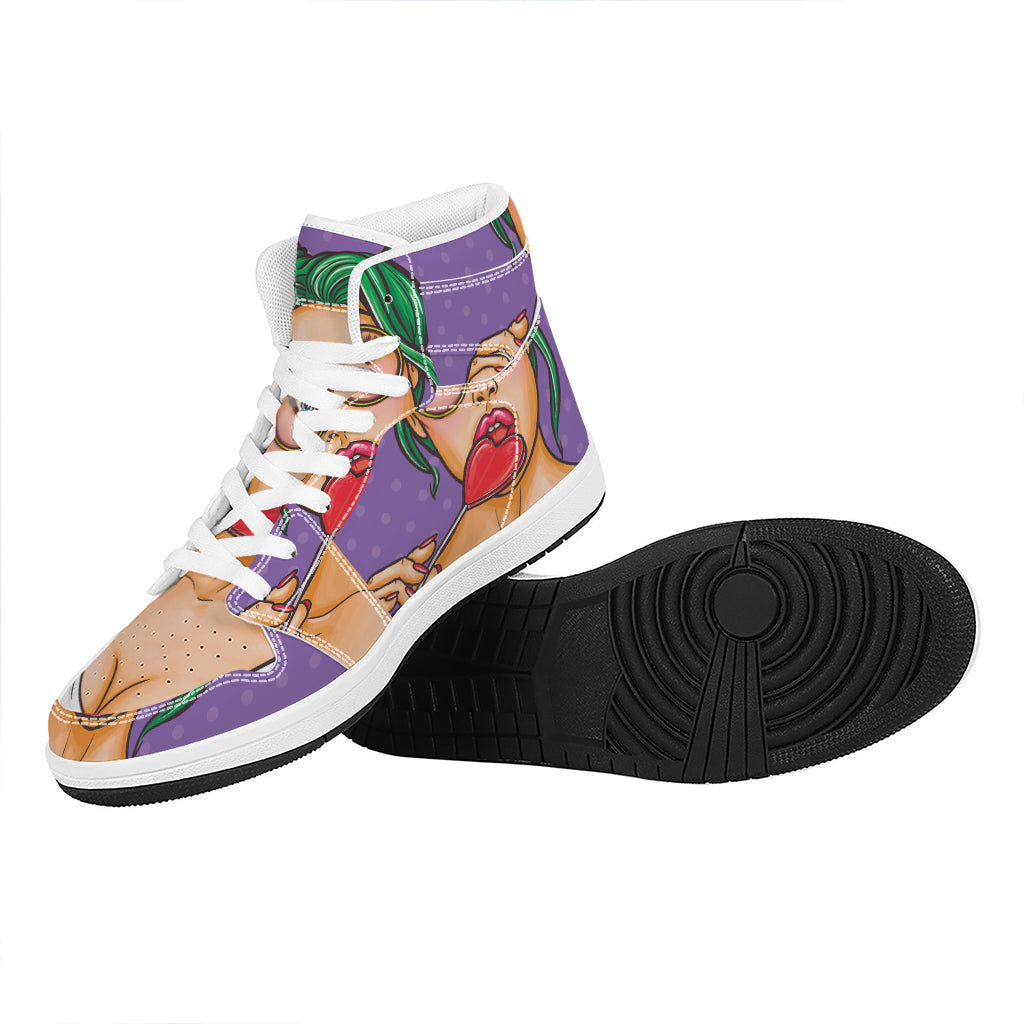 Punk Girl And Lollipop Print High Top Leather Sneakers