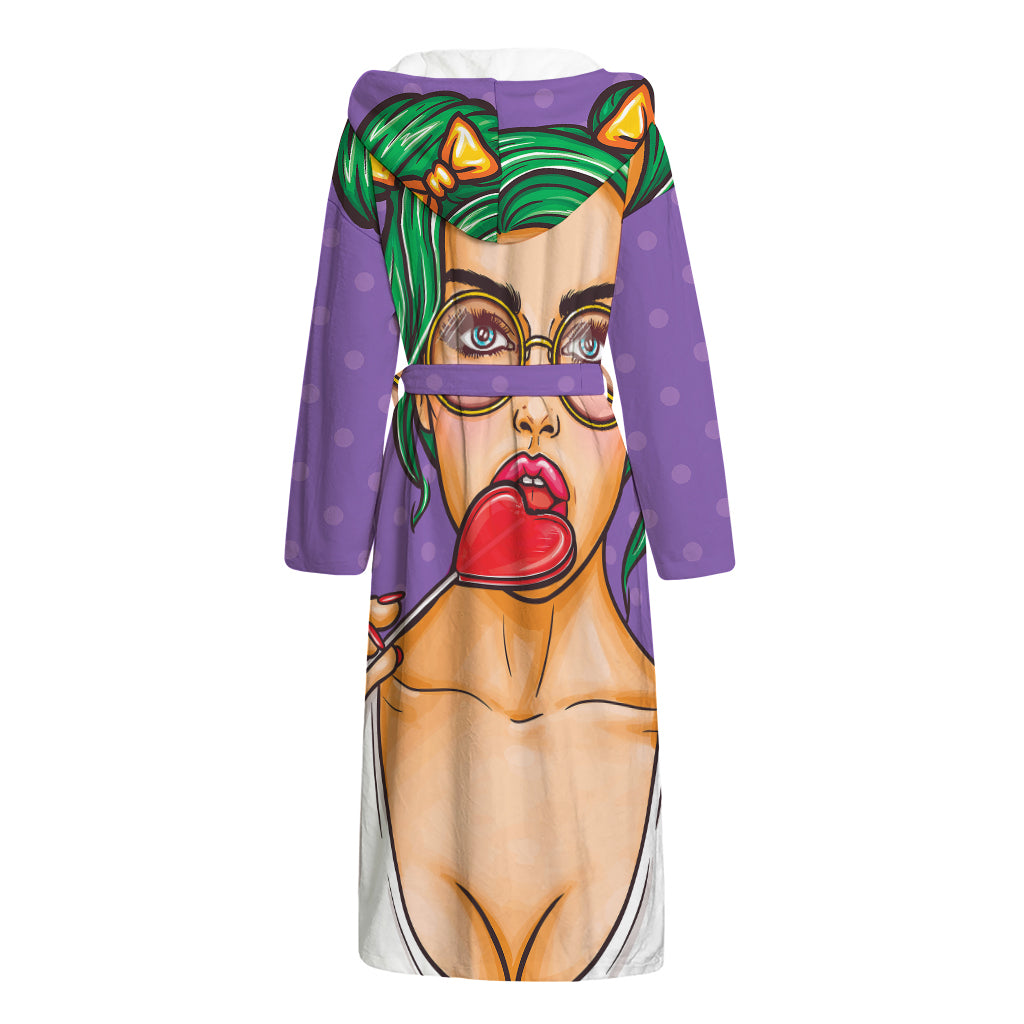 Punk Girl And Lollipop Print Hooded Bathrobe