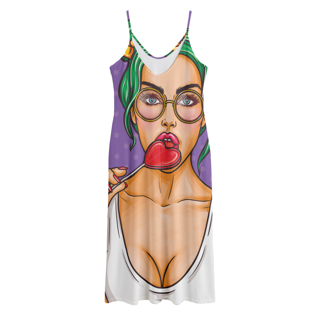 Punk Girl And Lollipop Print Jersey Midi Cami Dress