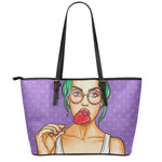 Punk Girl And Lollipop Print Leather Tote Bag