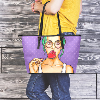 Punk Girl And Lollipop Print Leather Tote Bag