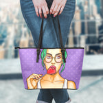 Punk Girl And Lollipop Print Leather Tote Bag
