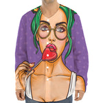 Punk Girl And Lollipop Print Long Sleeve Baseball Jersey