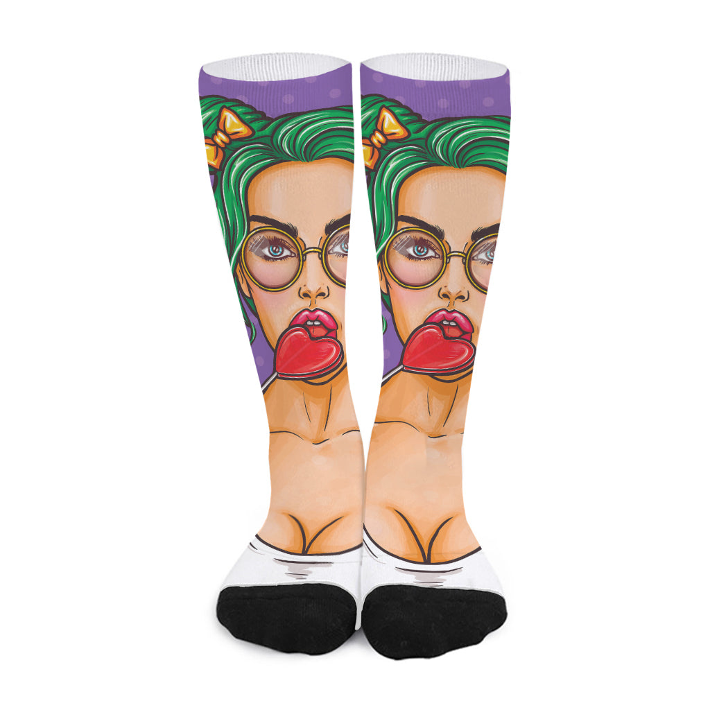Punk Girl And Lollipop Print Long Socks