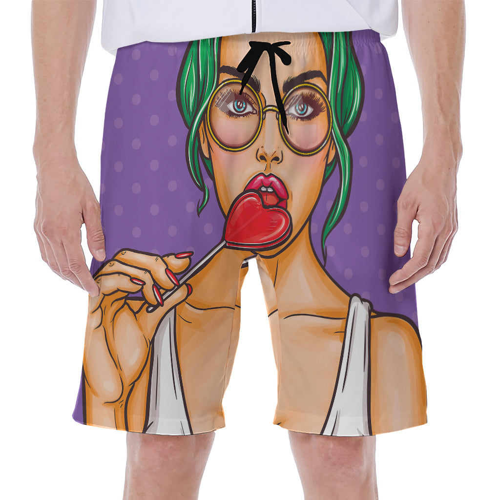 Punk Girl And Lollipop Print Men's Beach Shorts