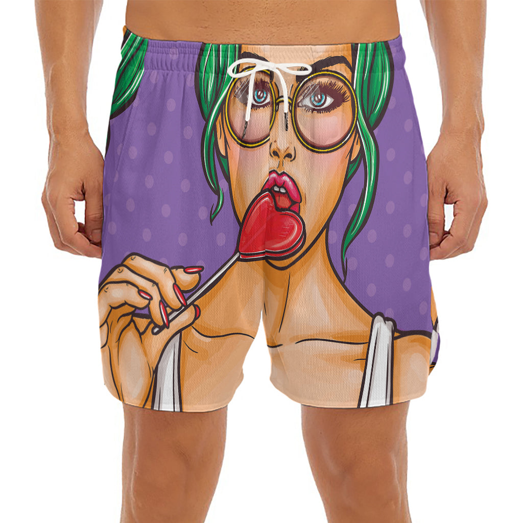 Punk Girl And Lollipop Print Men's Split Running Shorts