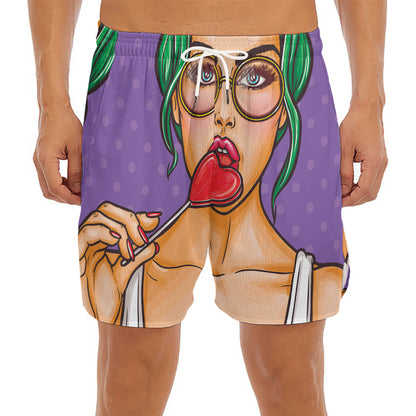 Punk Girl And Lollipop Print Men's Split Running Shorts